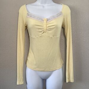 Pastel Yellow Feminine Dainty Coquette Dollette Ribbed Long Sleeve Top S Spring